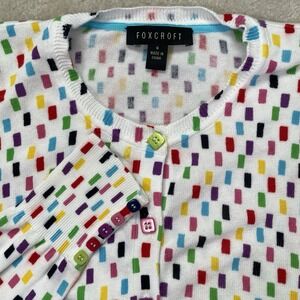 Foxcroft Cardigan Sweater Womens Small Rainbow Confetti Print Square Buttons